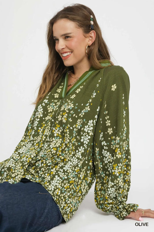 Trendsi Umgee Floral Vine Print Blouse with Balloon Sleeves Olive