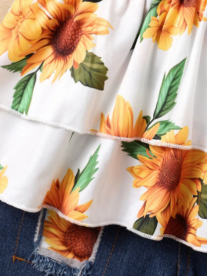Children's Sunflower Ruffled Short Sleeve Top and Shorts Set Easy Apparels