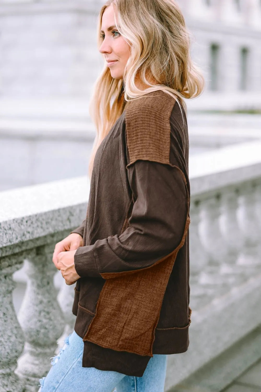 Trendsi Ribbed Exposed Seam Dropped Shoulder Blouse