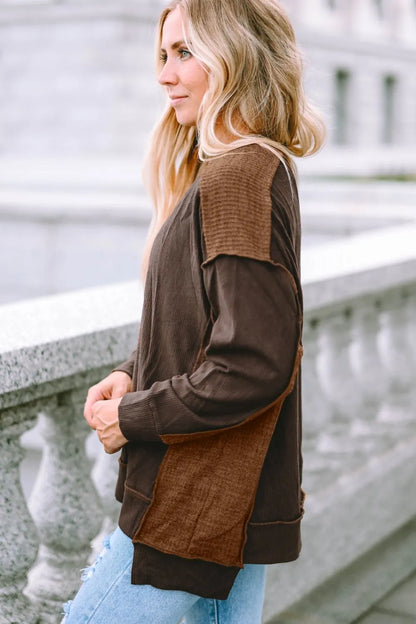 Trendsi Ribbed Exposed Seam Dropped Shoulder Blouse