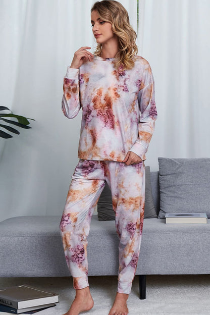 Shiny Tie-Dye Crewneck Top and Drawstring Waist Joggers Lounge Set Easy Apparels