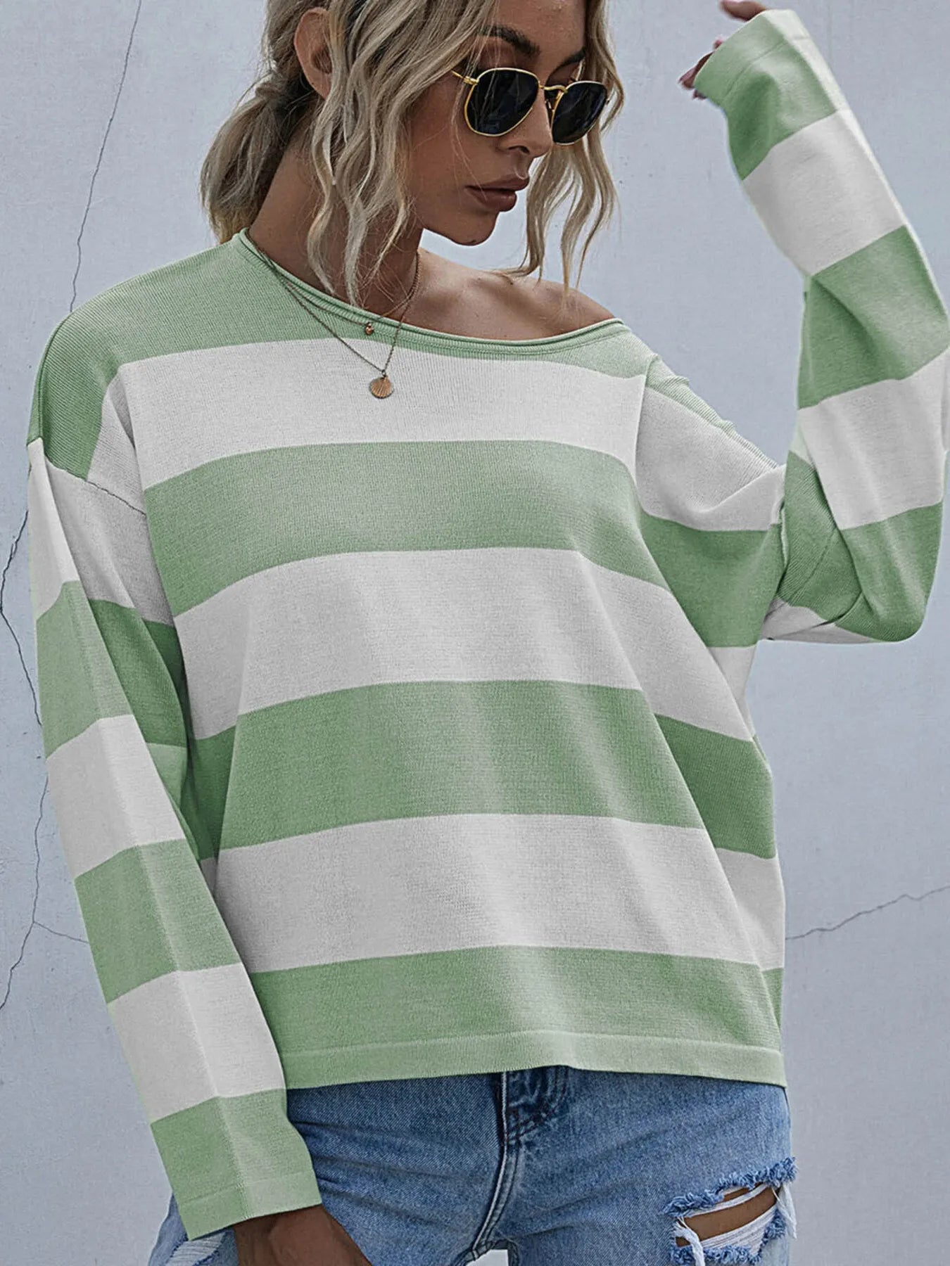 Trendsi Striped Casual Long Sleeve Knit Top Green