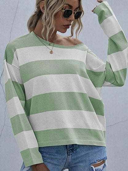 Trendsi Striped Casual Long Sleeve Knit Top Green