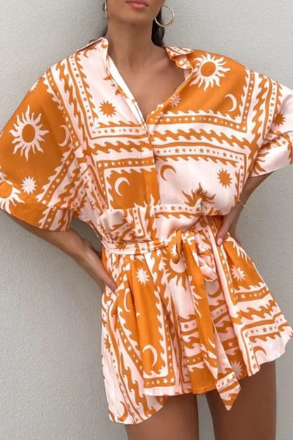 Printed Tie Waist Romper Yellow Easy Apparels