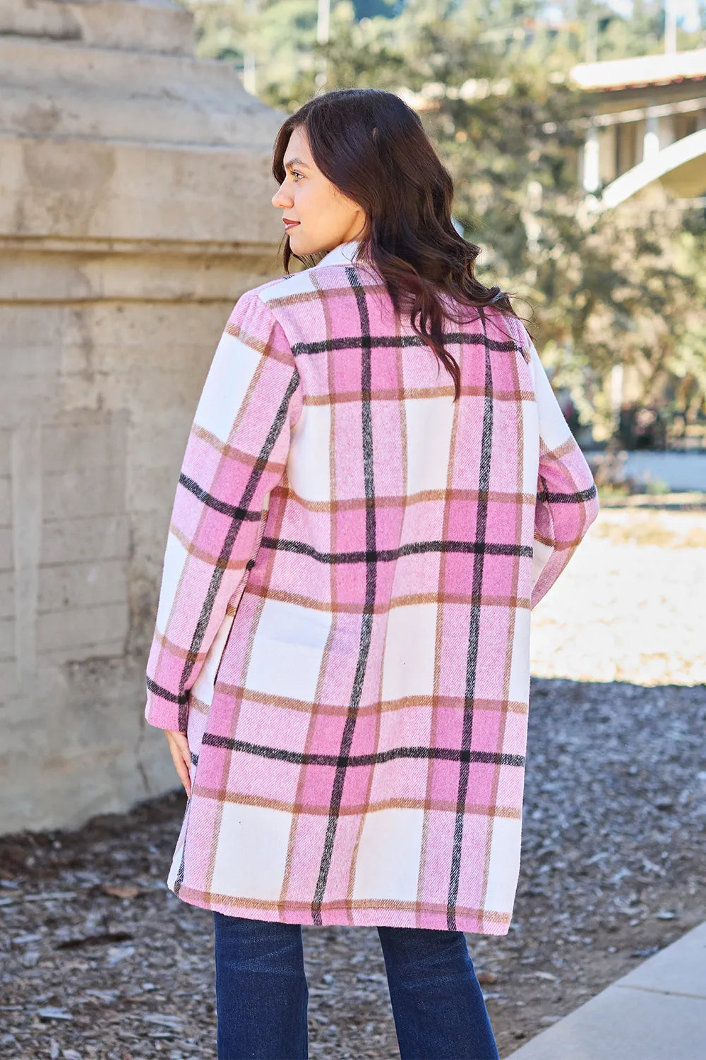 Double Take Full Size Plaid Button Up Lapel Collar Coat Easy Apparels