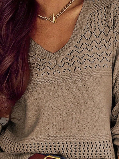 Trendsi Eyelet Deatil V-Neck Long Sleeve Sweater