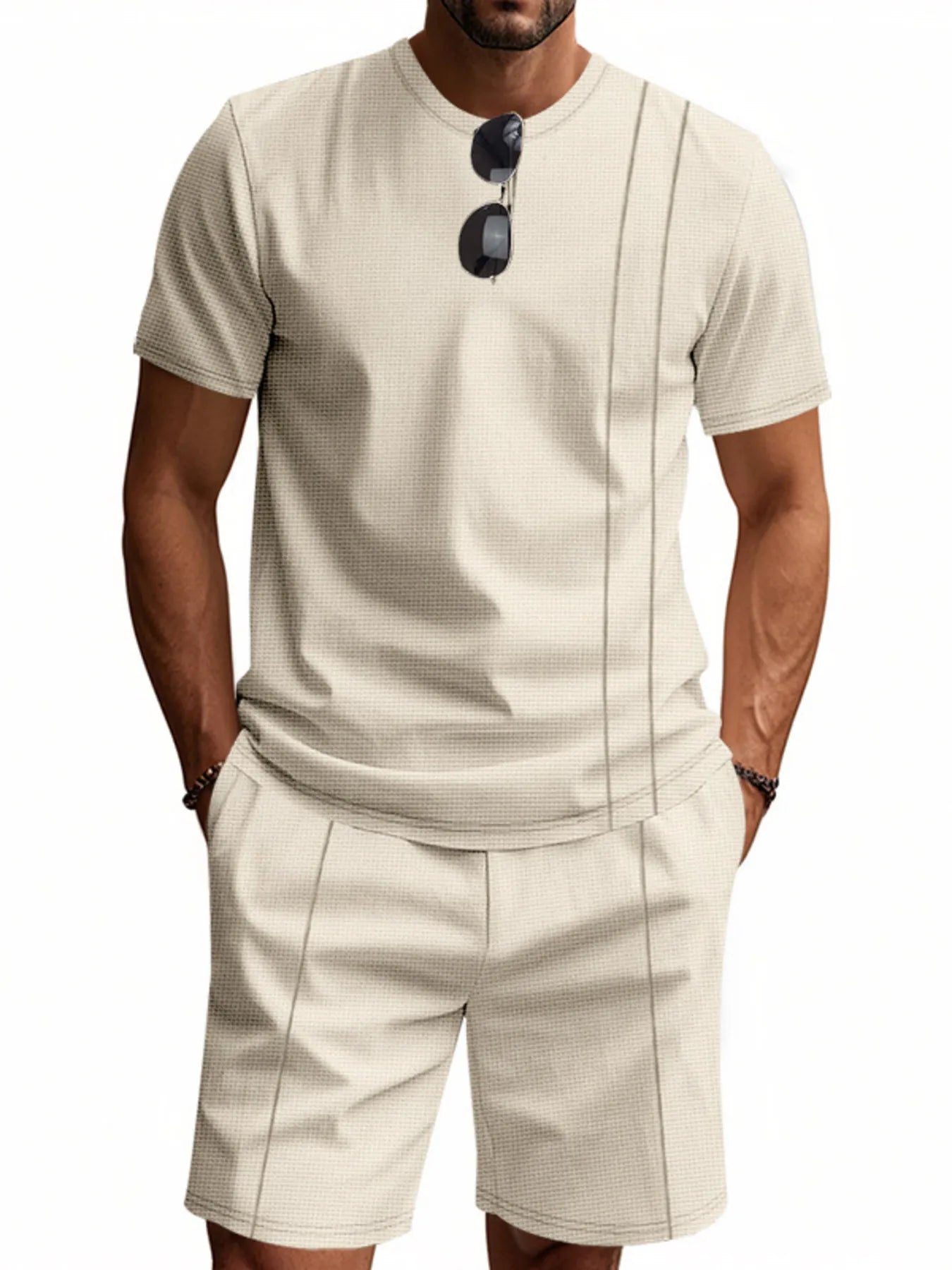 Men's Full Size Round Neck Short Sleeve Top and Shorts Set Plus Size Khaki Easy Apparels