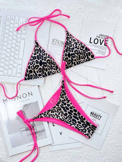 Leopard Print Halter Neck Tie Side Bikini Set Easy Apparels
