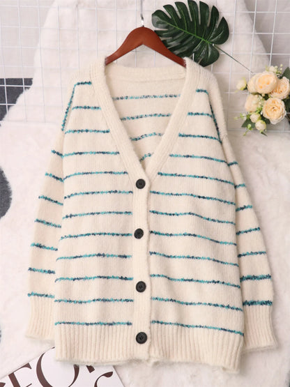 Striped Button-Up Cardigan with V-Neck Design Easy Apparels