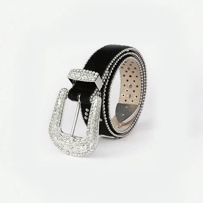 PU Leather Inlaid Rhinestone Belt Black Easy Apparels