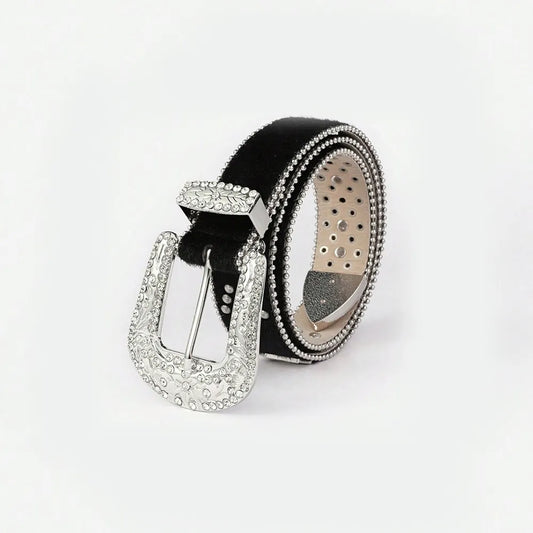 PU Leather Inlaid Rhinestone Belt Black Easy Apparels