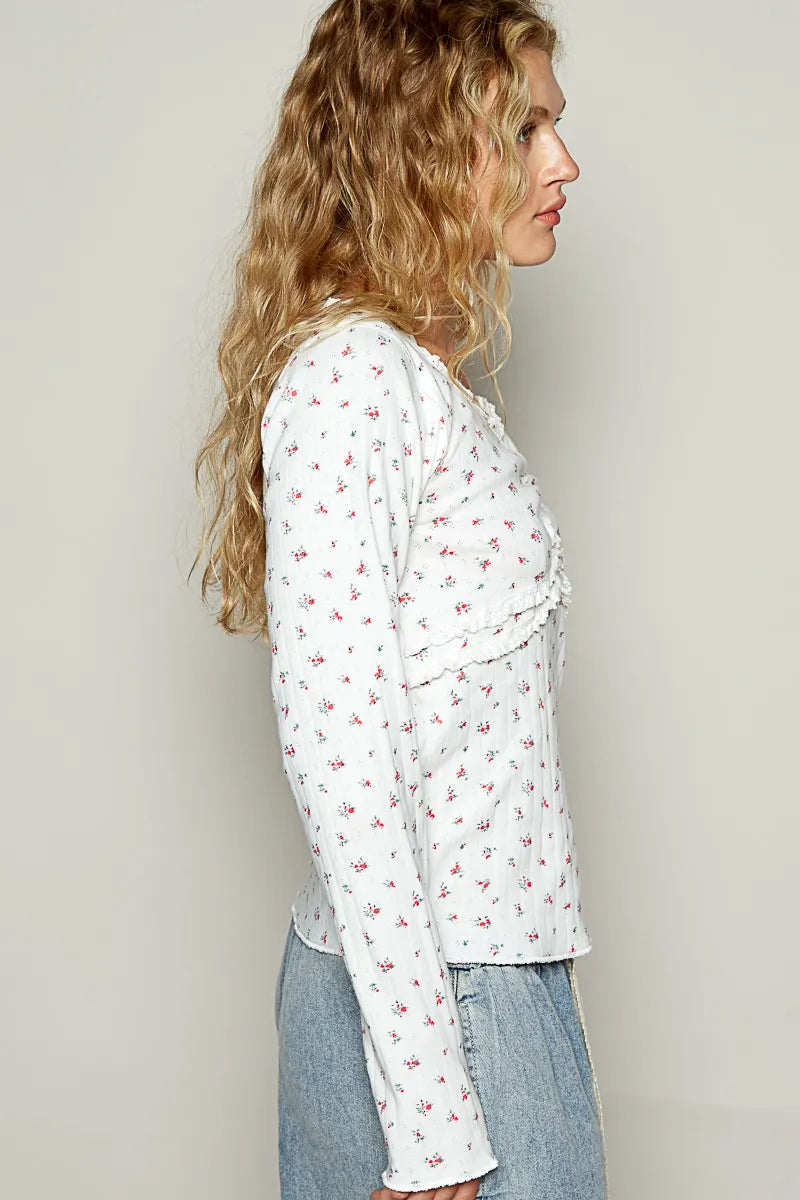 Trendsi POL Floral V-Neck Long Sleeve T-Shirt