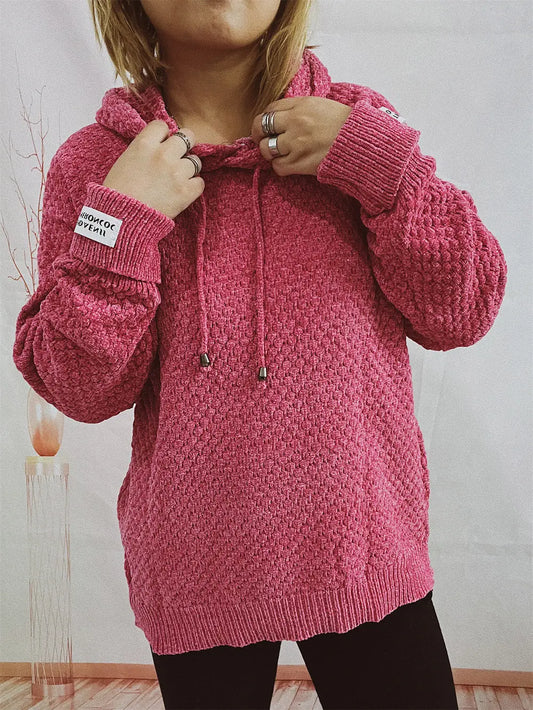 Drawstring Long Sleeve Hooded Sweater Deep Rose One Size Easy Apparels