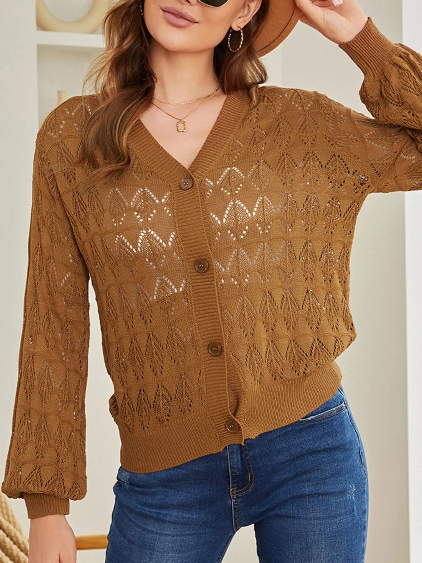 Openwork Button Up Cardigan Brown Easy Apparels