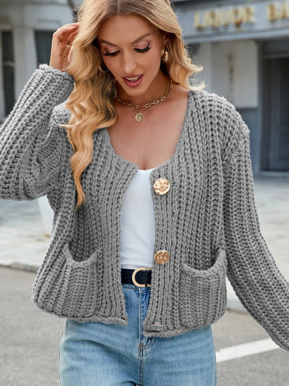 Round Neck Button Up Cardigan with Pockets Easy Apparels