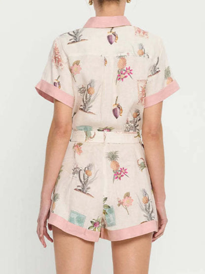 Printed Short Sleeve Romper with Belt Easy Apparels
