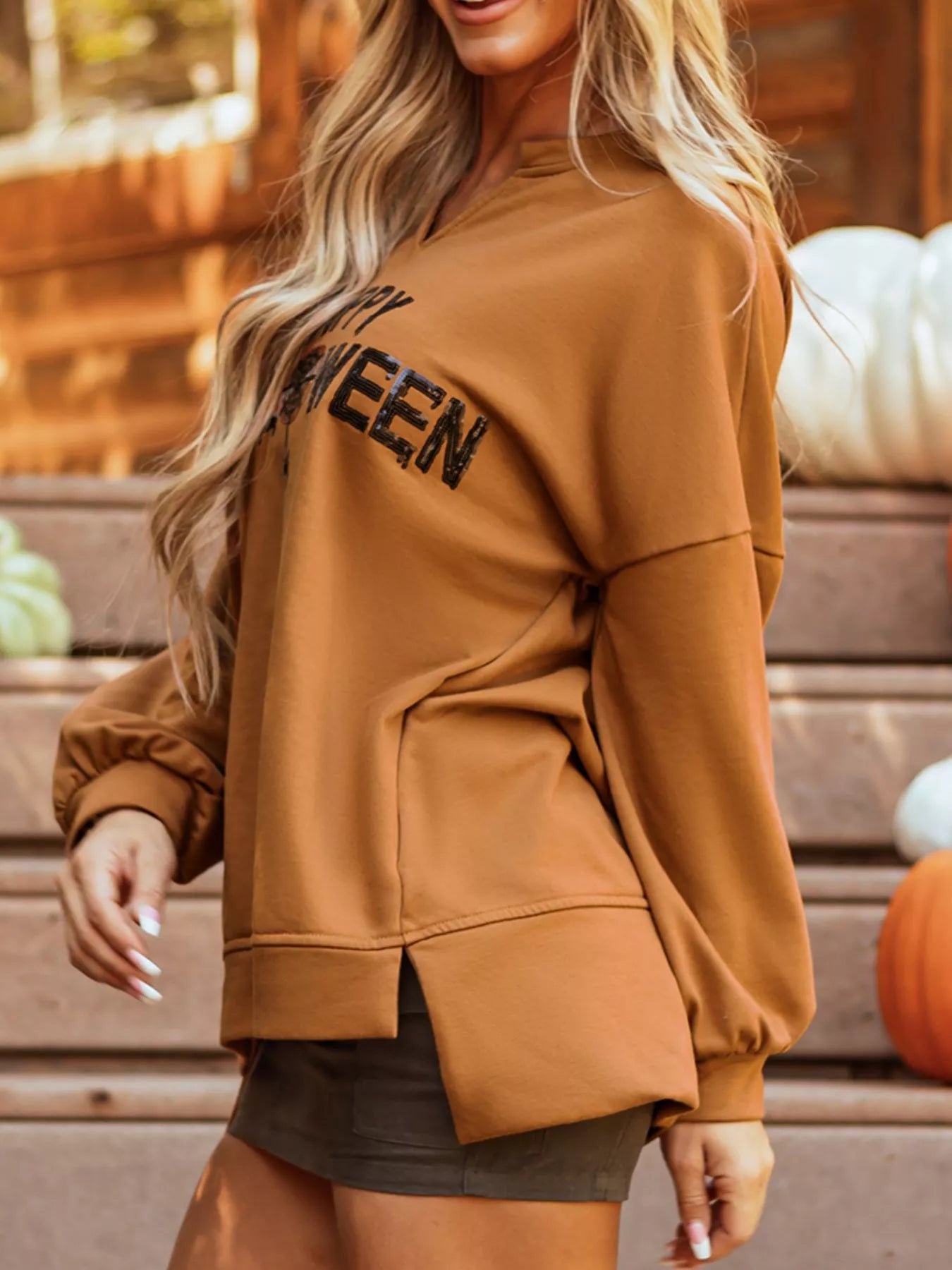 Happy Halloween Graphic Notched Long Sleeve Loose Top Easy Apparels