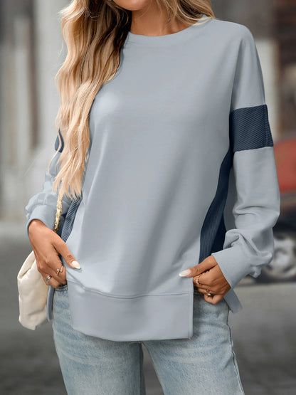 Trendsi Slit Round Neck Long Sleeve Sweatshirt Gray Blue