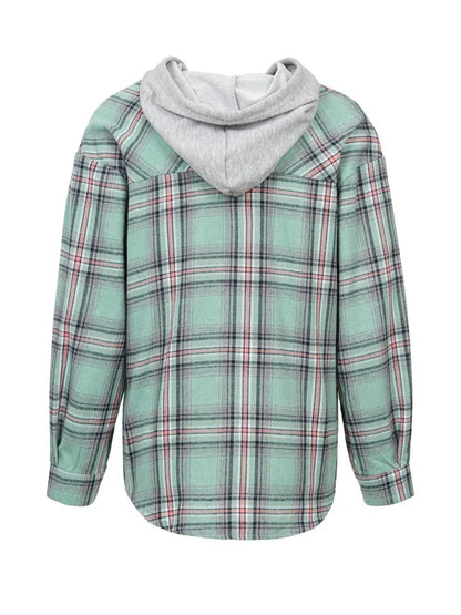 Trendsi Plaid Button-Up Hooded Shirt