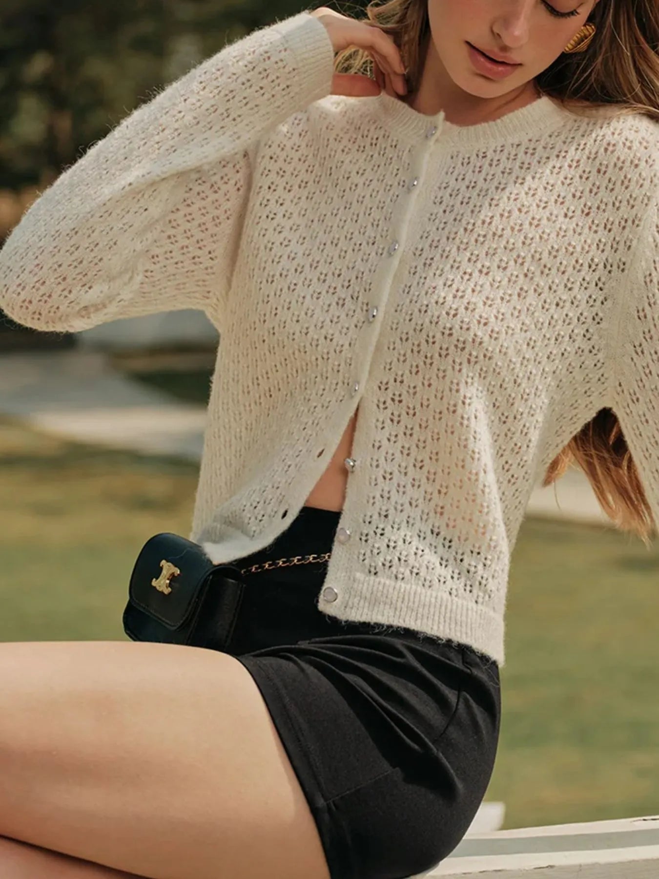 Openwork Button Up Long Sleeve Cardigan Easy Apparels
