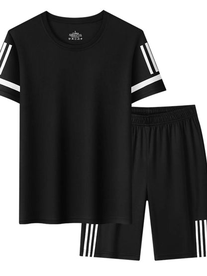 Men's Plus Size Round Neck Short Sleeve Top and Shorts Set Black Easy Apparels