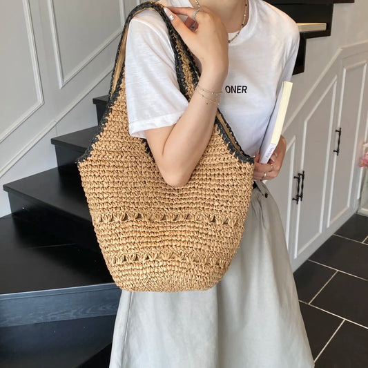 Woven Straw Shoulder Bag with Contrast Trim Easy Apparels