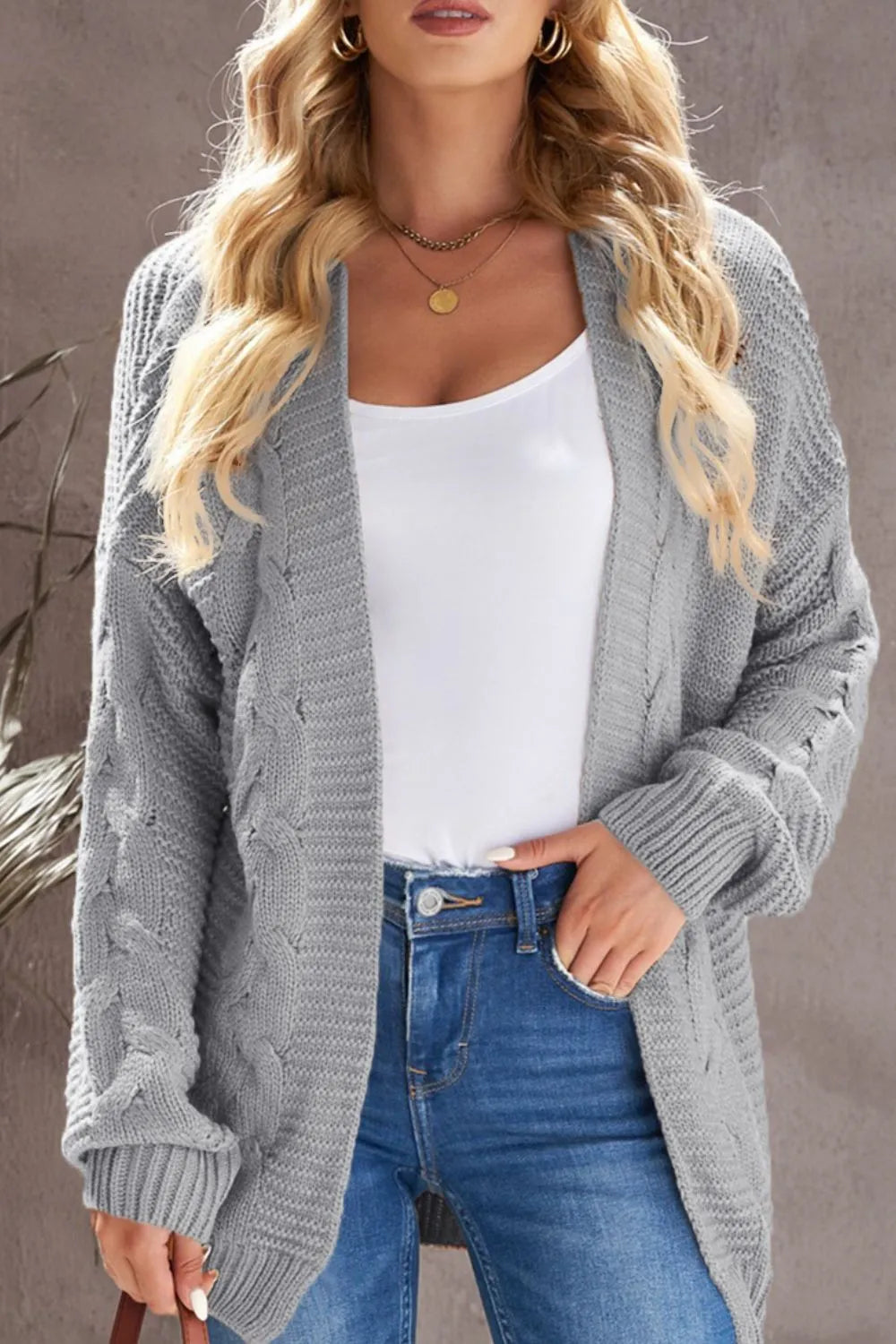 Cable-Knit Open Front Cardigan Gray Easy Apparels