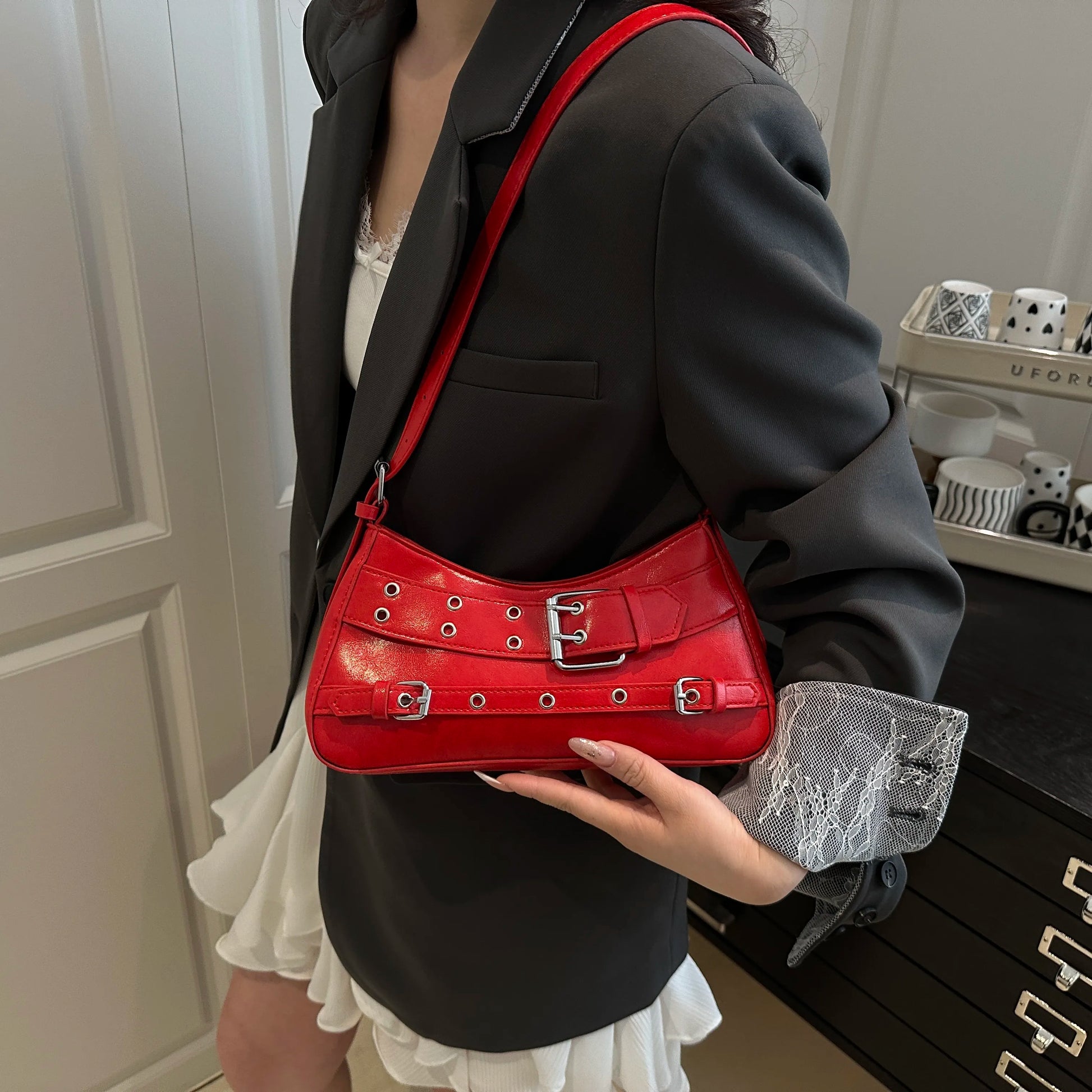 Leather Buckle Shoulder Bag Red onesize Easy Apparels