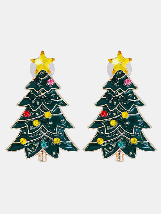 Alloy Inlaid Rhinestone Christmas Tree Earrings Green One Size Easy Apparels
