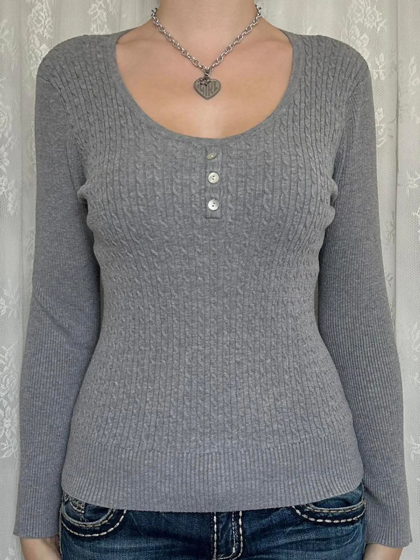 Trendsi Button Detail Long Sleeve Cable Knit Top