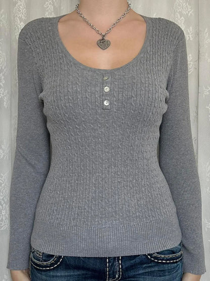 Trendsi Button Detail Long Sleeve Cable Knit Top