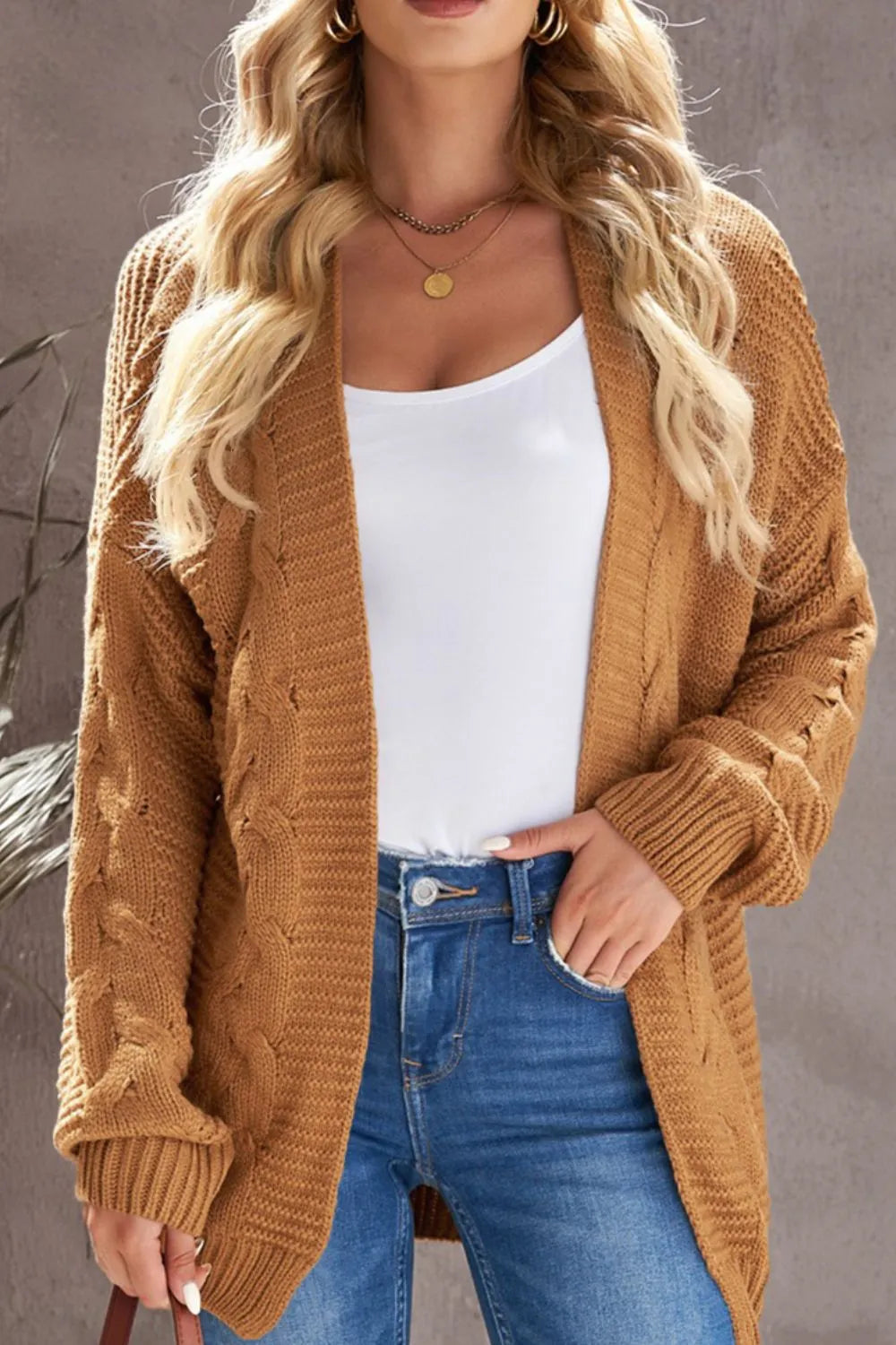 Cable-Knit Open Front Cardigan Easy Apparels