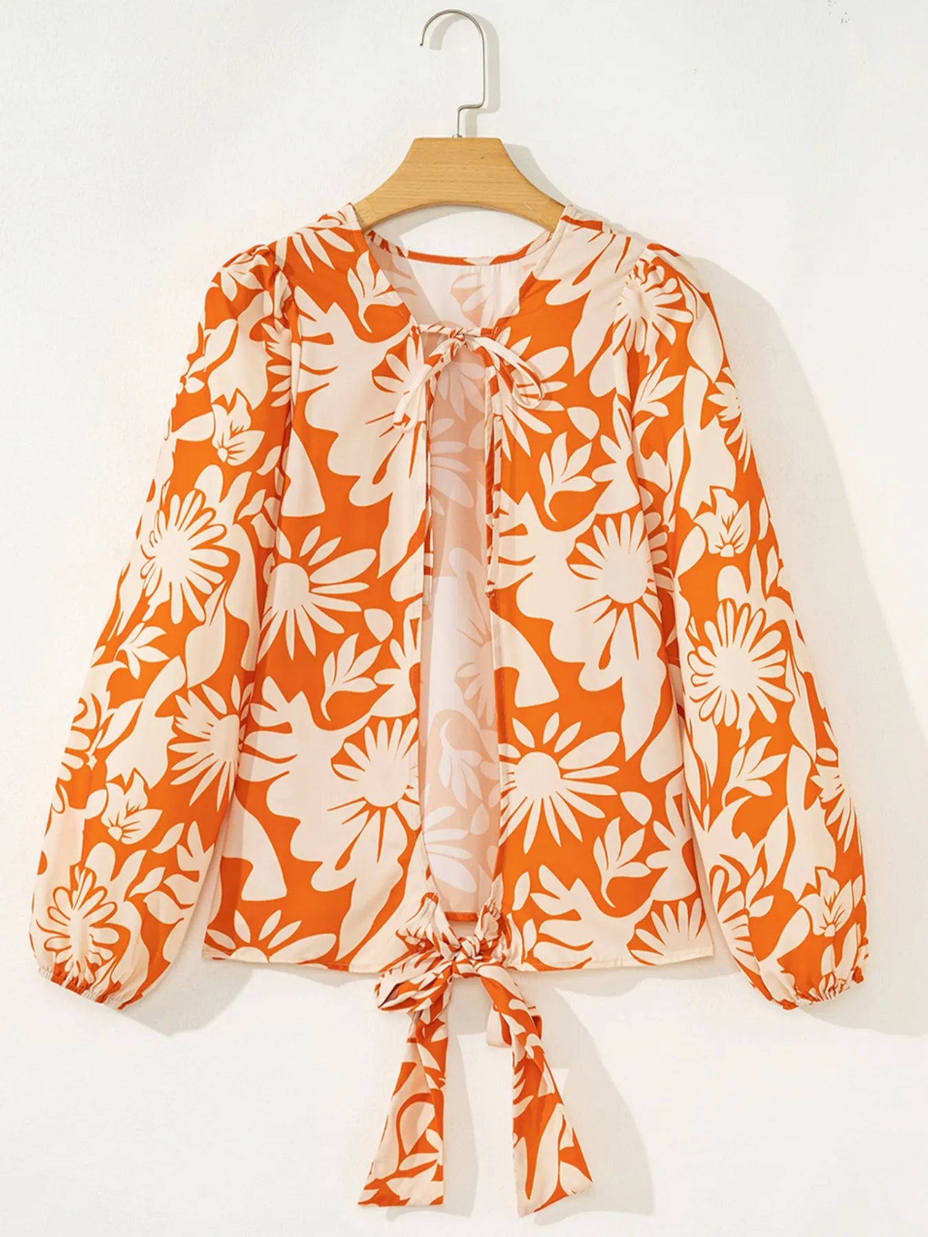 Trendsi Printed Tie Back Balloon Sleeve Blouse