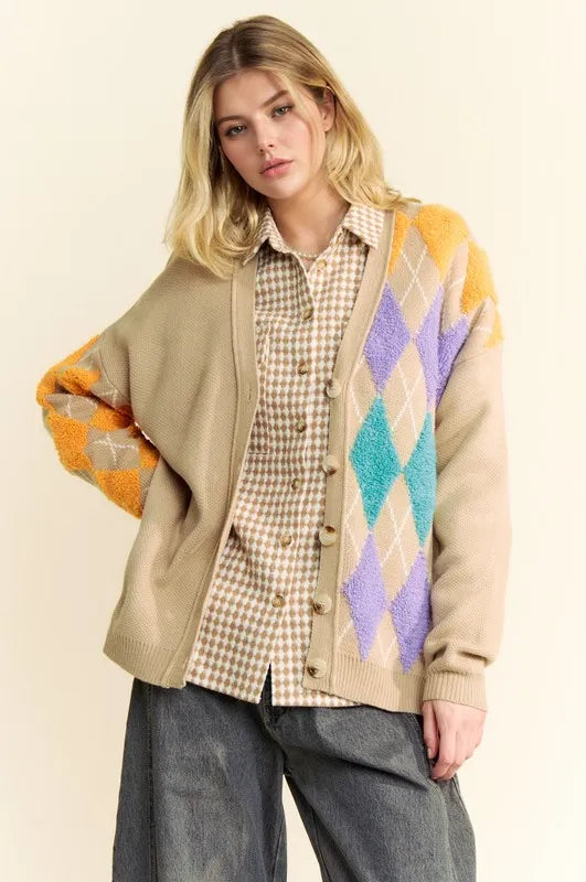 Davi & Dani Argyle V-Neck Dropped Shoulder Cardigan Easy Apparels
