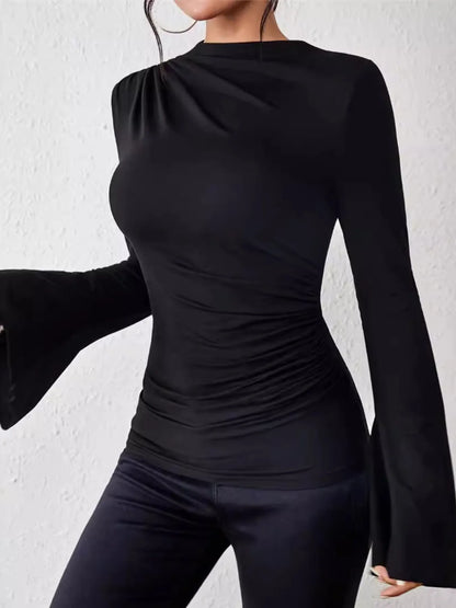 Trendsi Bell Sleeve Ruched Fitted T-Shirt with Mock Neck