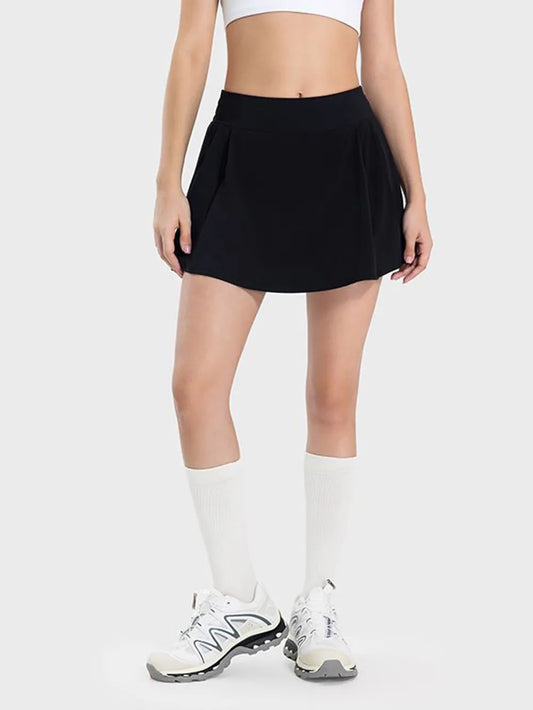 Millennia Pleated Detail Mid-Rise Waist Active Skirt Black Easy Apparels