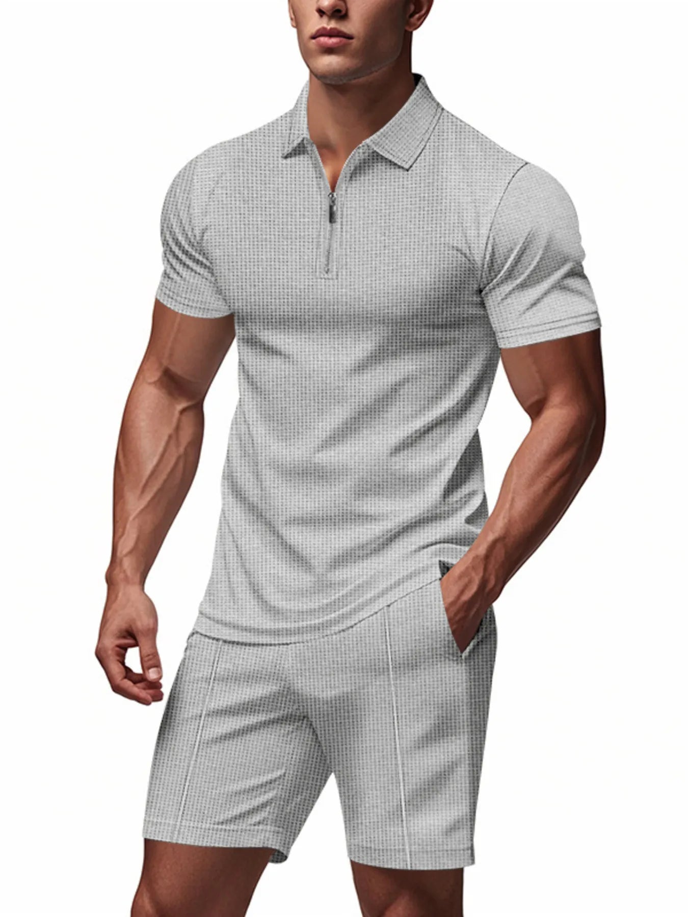 Men's Plus Size Quarter Zip Short Sleeve Top and Shorts Set Grey Easy Apparels