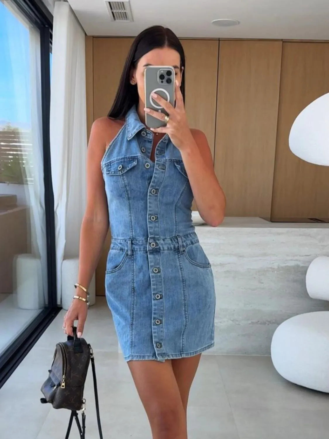 Button Front Sleeveless Denim Mini Dress Easy Apparels