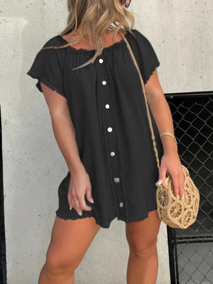 Full Size Raw Hem Mini Denim Dress Plus Size Easy Apparels