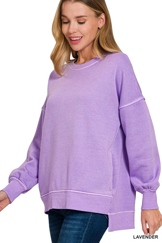 Trendsi Zenana Pigment Dye Fleece Hi-low Hem Sweatshirt With Pocket LAVENDER