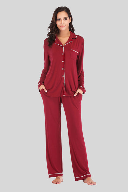Collared Neck Long Sleeve Loungewear Set with Pockets Wine Easy Apparels