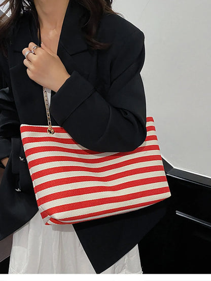 Striped Shoulder Bag with Chain Detail Easy Apparels