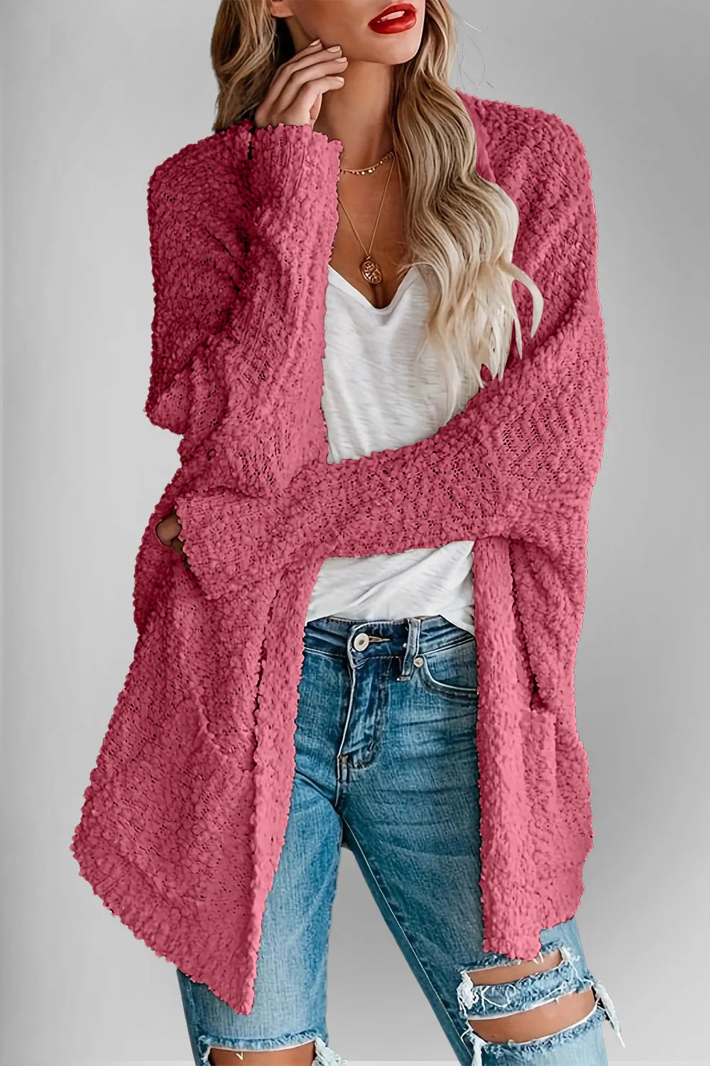 Double Take Pocketed Open Front Long Sleeve Cardigan Deep Rose Easy Apparels