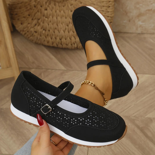 Perforated Mary Jane Slip-Ons with Athletic Sole Black Easy Apparels