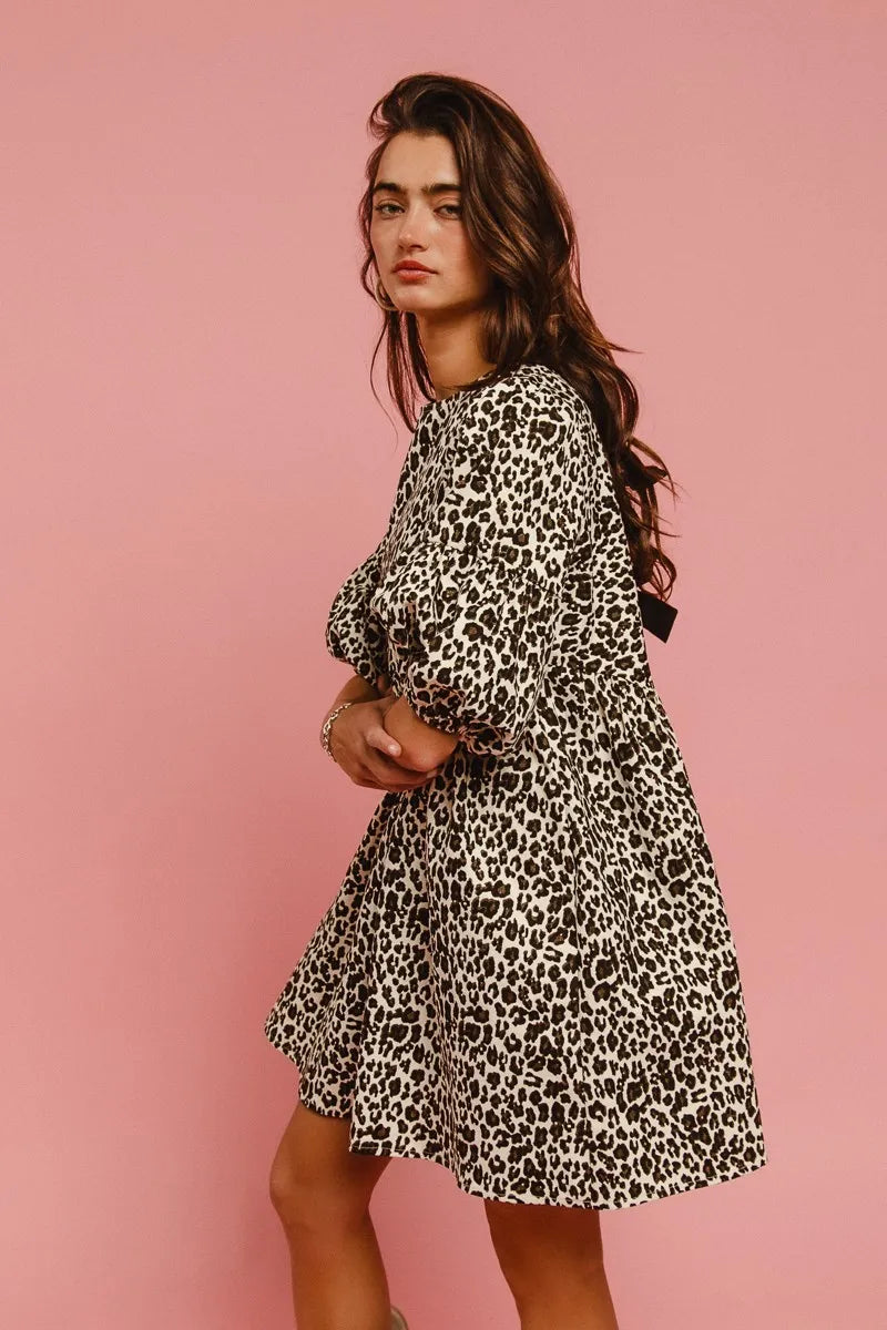 BiBi Leopard Denim Dress With Back Contrast Tie Detail Easy Apparels