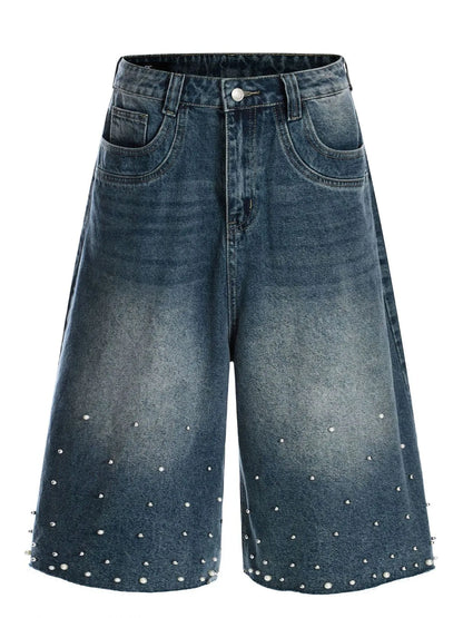 Men's Pearl Embellished Wide Leg Denim Shorts Blue Easy Apparels