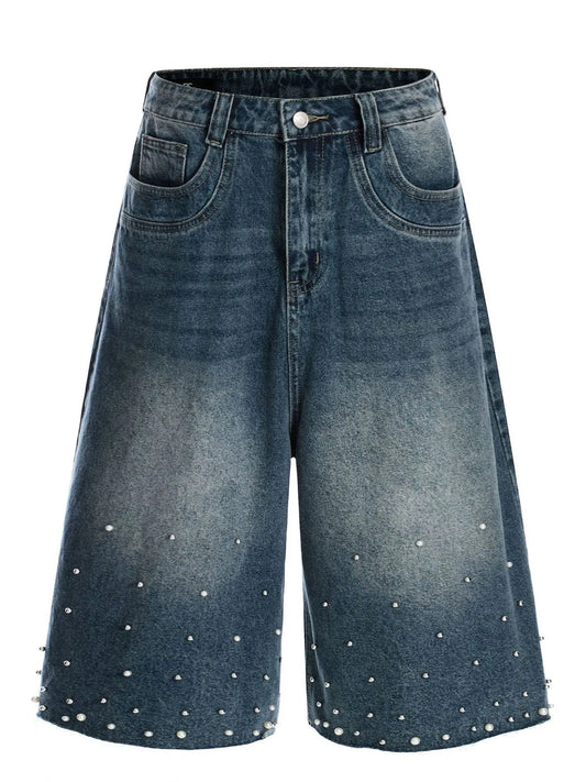 Men's Pearl Embellished Wide Leg Denim Shorts Blue Easy Apparels