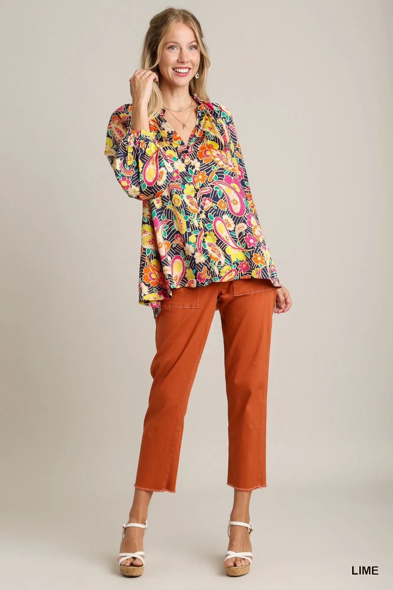 Trendsi Umgee Full Size Satin Paisley Ruffle Neck Button-Up Shirt Plus Size