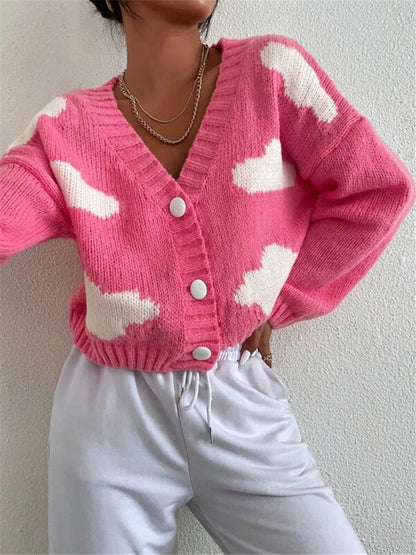 Contrast Cloud Pattern Cropped Button-Up Cardigan Easy Apparels