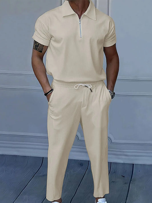 Men's Full Size Quarter Zip Short Sleeve Polo and Pants Set Plus Size Apricot Easy Apparels